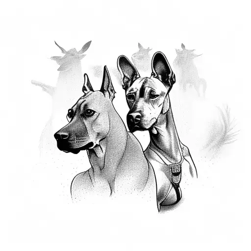 A Rhodesian Ridgeback Dog Playing With A Group Of Horses