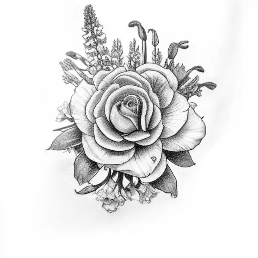 A Black And Grey Tattoo Of A Vintage Camera Lens Intertwined With A Blooming Delphinium