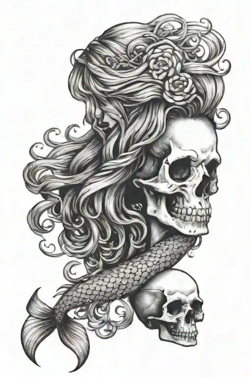 A Mermaid With Long Hair And Big Tail Holdin Skull