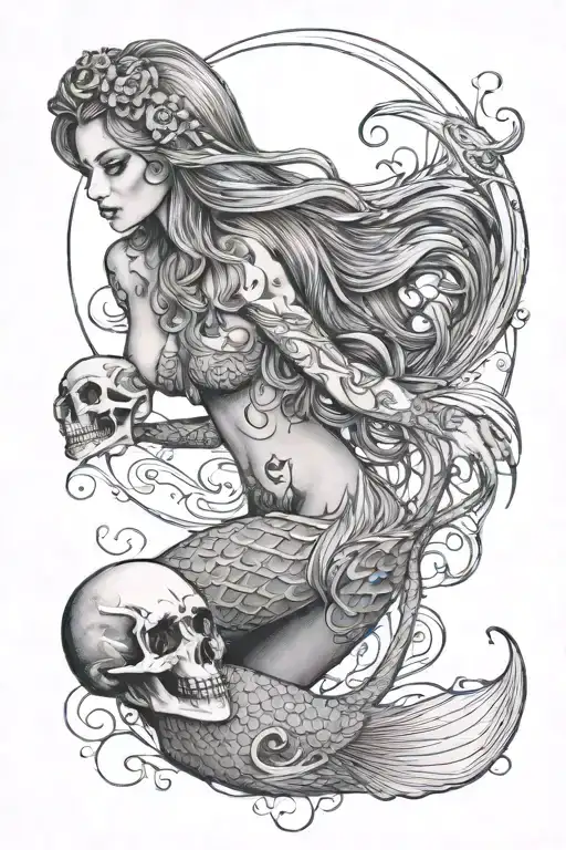 A Mermaid With Long Hair And Big Tail Holdin Skull