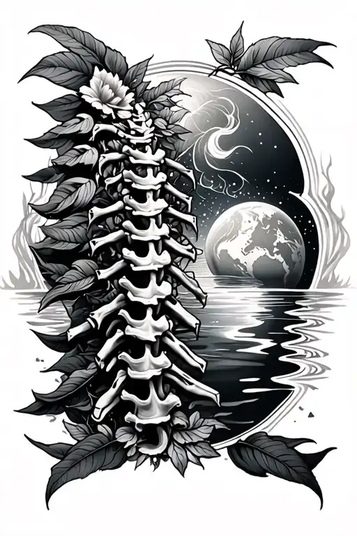 Spine Tattoo That Incorporates Nature Element With Heavy Emphasis On Earth And Water