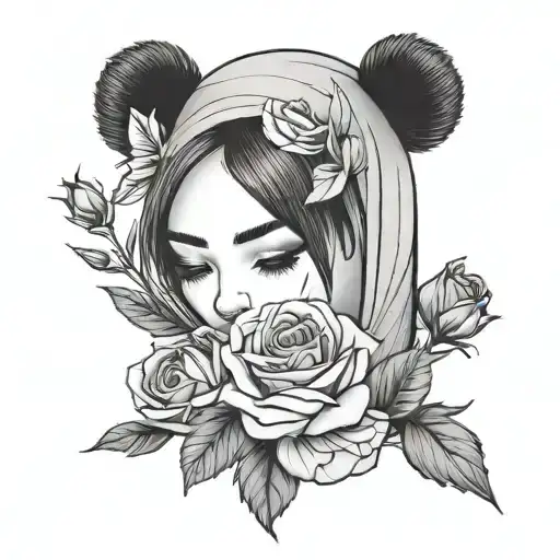 A Minimalist Woman With A Panda And A Rose Without Details