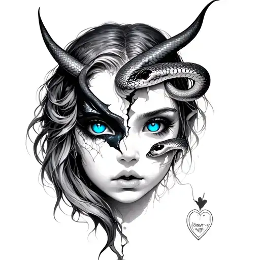 Demon Girls Head Half Face Buitiful Blue Eyes Snake Broken Heart