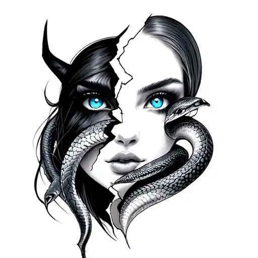 Demon Women Head Half Face Buitiful Blue Eyes Snake Broken Heart