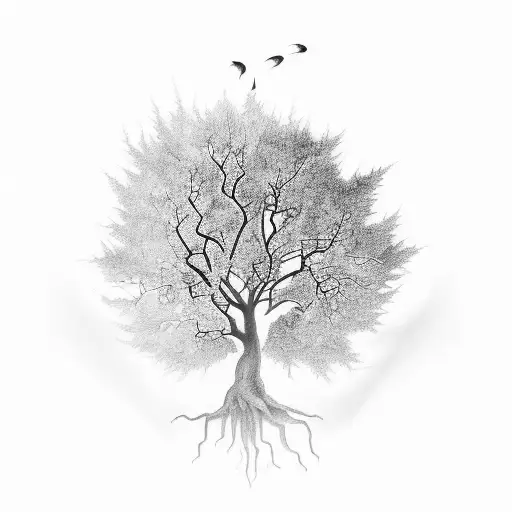A Black-grey Tattoo Of An Elegant Tree With Musical Notes As Its Leaves