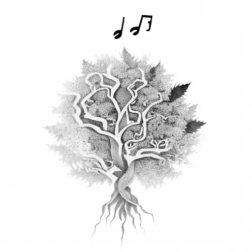 A Black-grey Tattoo Of An Elegant Tree With Musical Notes As Its Leaves