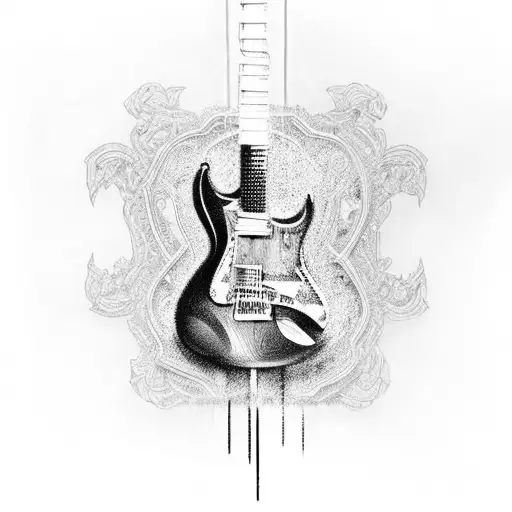A Black-grey Tattoo Of A Guitar With Intricate Architectural Details