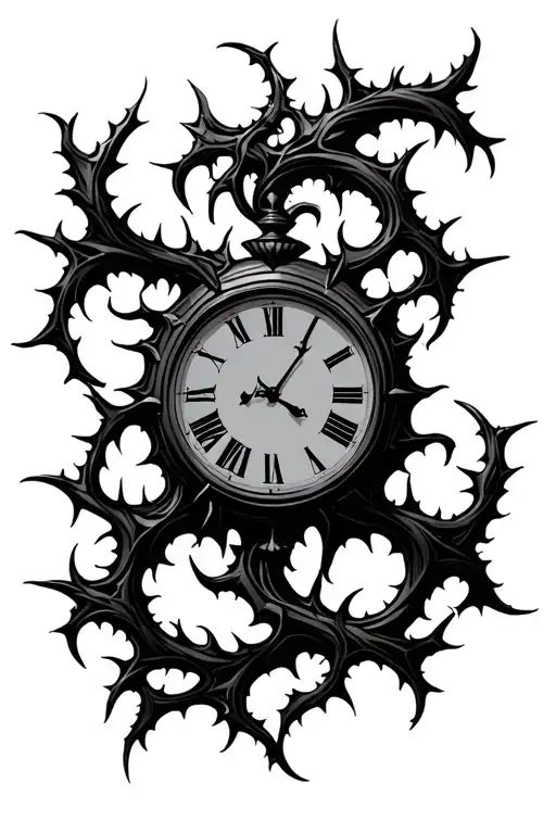 Clock Surrounded By Vines With Thorns In Tribal Style