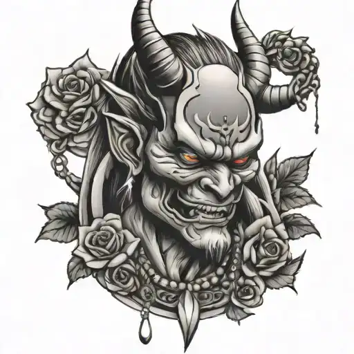 Japanese Demon With Rosary And Roses With Thorns