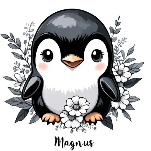 Small Cute Penguin With The Name Magnus With Flowers Around