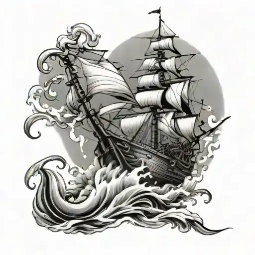 Storm Ship Sailing Through A Sea Anchor Intertwined