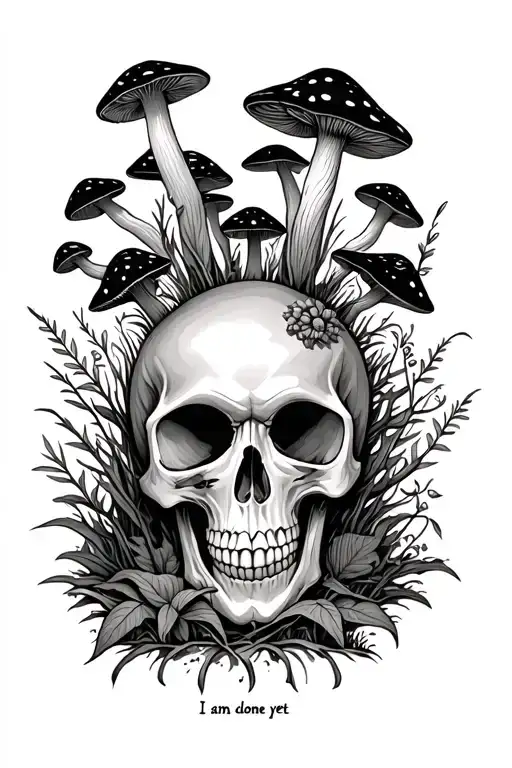 Skull With Mushrooms And Plants Coming Out Of It With I Am Not Done Yet Written Behind It