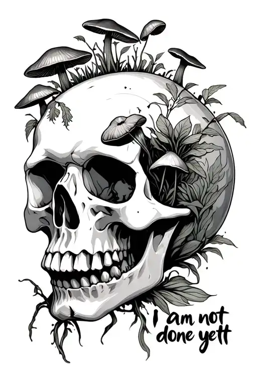 Skull With Mushrooms And Plants Coming Out Of Its Head With I Am Not Done Yet Written Behind It