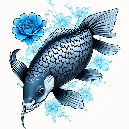 Koi Fish With Blue Japanese Flowers