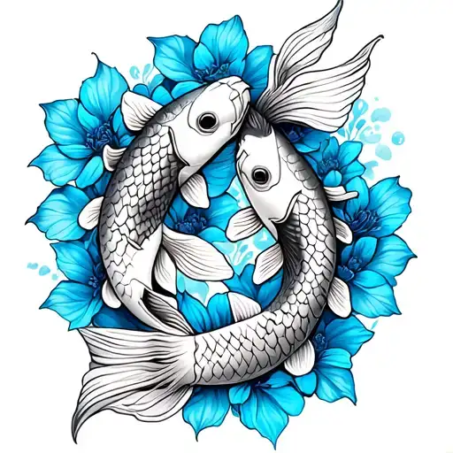 Two Koi Fish With Blue Japanese Flowers
