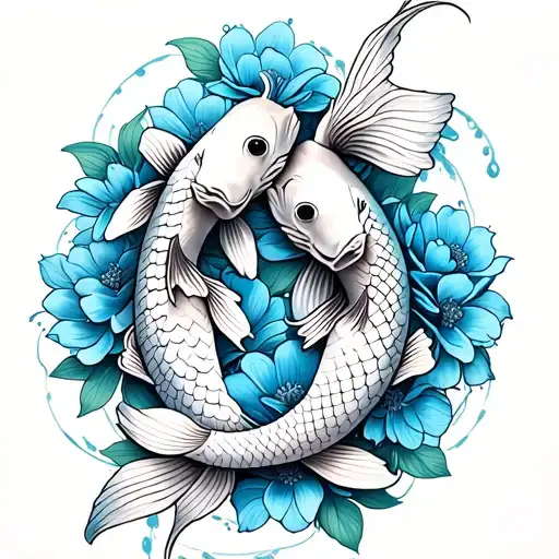 Two Koi Fish With Blue Japanese Flowers