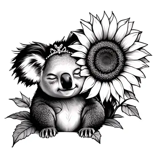 Line Drawing Princess Koala Sunflower Sleeping