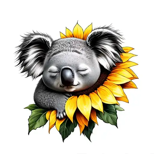 Line Drawing Princess Koala Sleeping On Sunflower Minimalist
