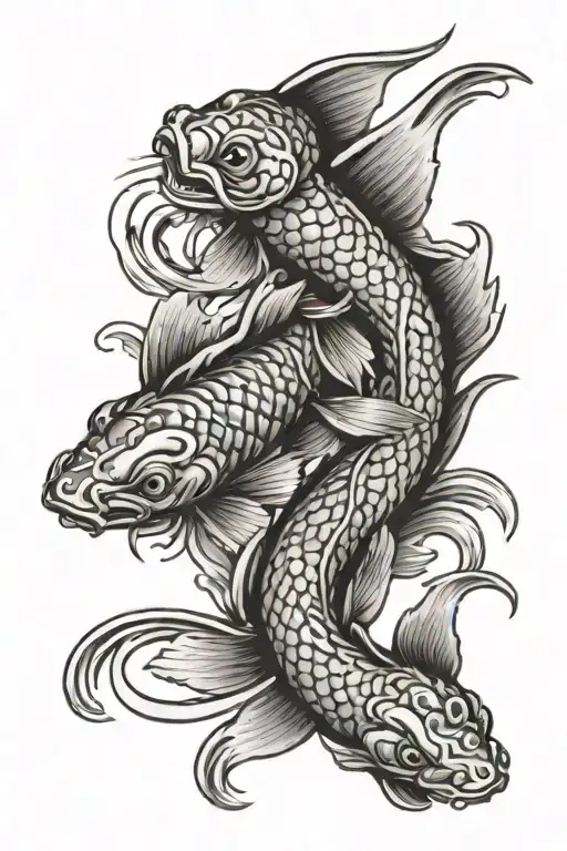 Koi Fish Swimming Intwined With Dragon