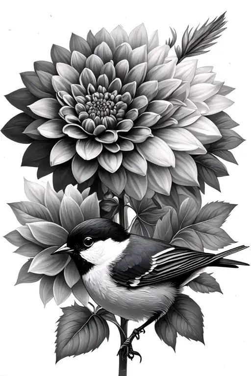 Dahlia Flowers With Black-capped Chickadee Bird