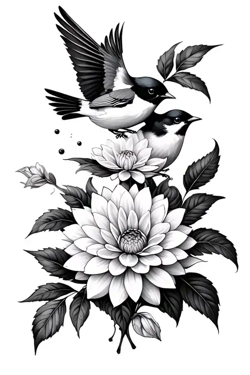 Dahlia Flowers With Black-capped Chickadee Bird Flying Away