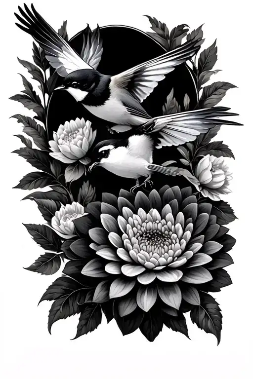 Dahlia Flowers With Black-capped Chickadee Bird Flying Away