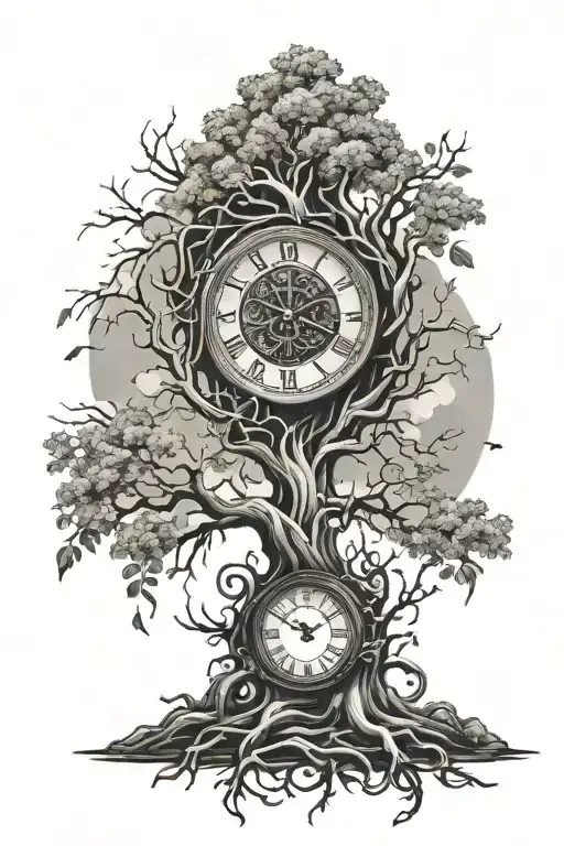 Tree Of Life With Roots And A Clock Coming Out Of It
