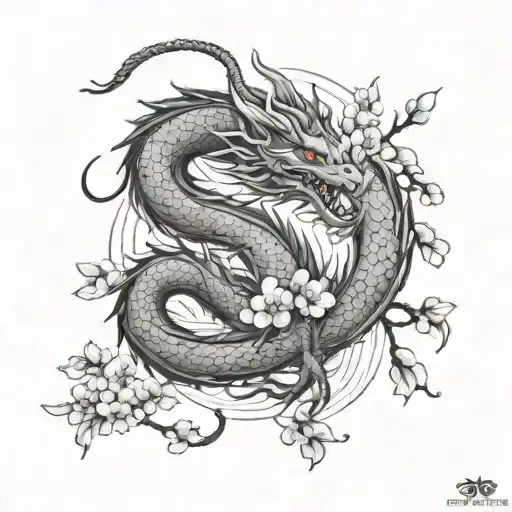 Dragon And Cherry Blossoms Falling
