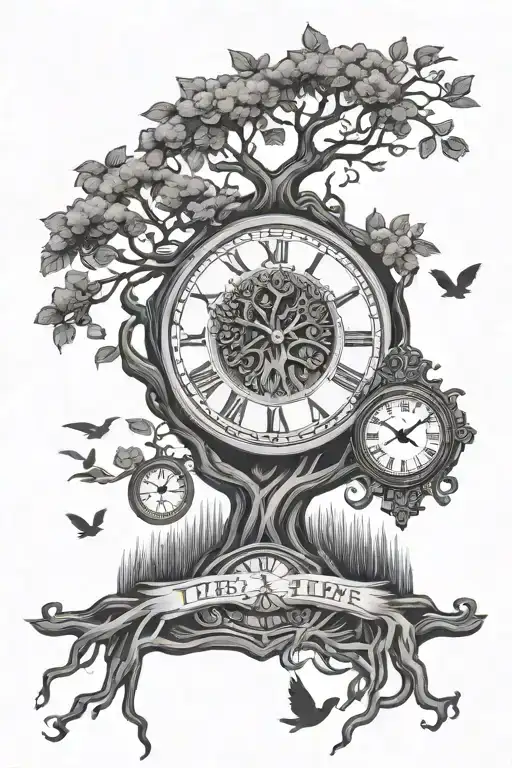 Tree Of Life With Roots And A Clock Coming Out Of It