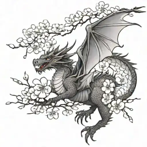 Female Dragon And Cherry Blossoms Falling