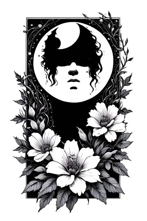 Moon And Flowers Fine Lines Man No Face In The Middle Abstract