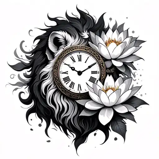 Lion And Lotus Flower And Clock Inside