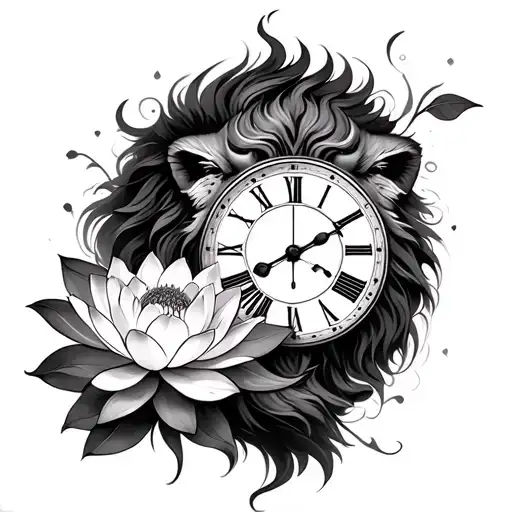 Lion And Lotus Flower And Clock