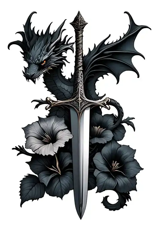 A Dagger With A Dragon And Morning Glory Flowers Curled Around It