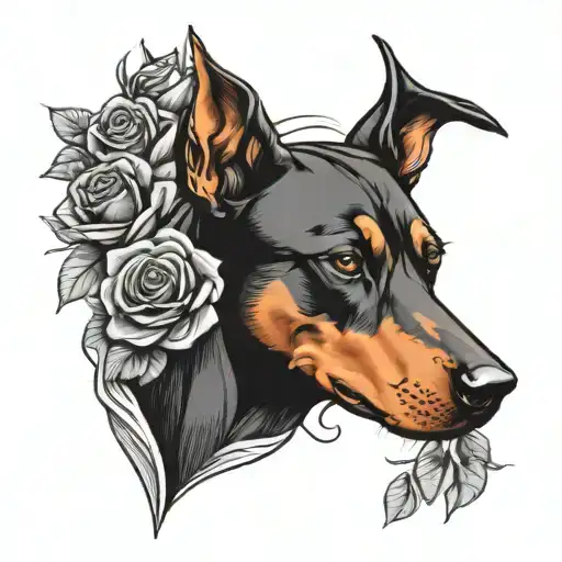 Red Doberman Skull Roses