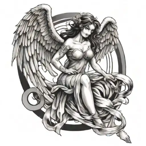 Full-length Angel Girl With Wings In A Fiery Hoop