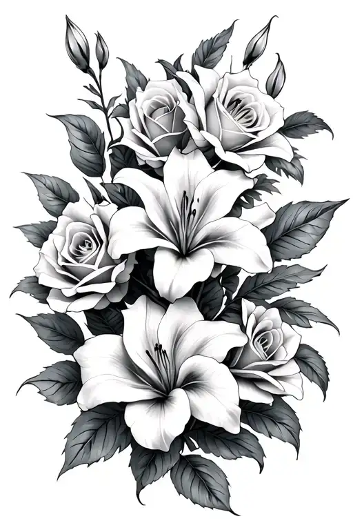 Roses And Lilies Blooming Along