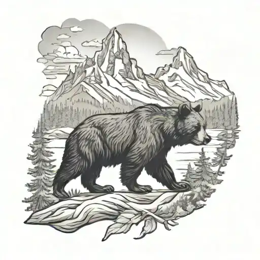 Half Arm Sleeve Of The Grand Teton Mountains With A Black Bear On The Chest