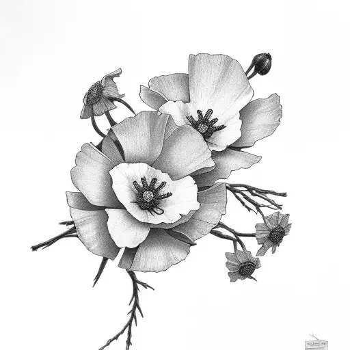 Two California Poppies Below A Branch Of Dogwood Flowers