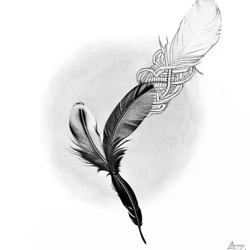 A Black-grey Tattoo Of An Indigenous Feather Intertwined With Musical Notes