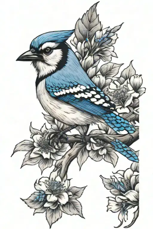 Blue Jay And Bumble Bee With Flowers