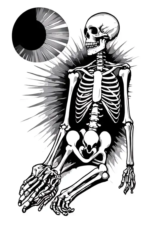 Full Body Skeleton With A Large Linework Sun In The Background