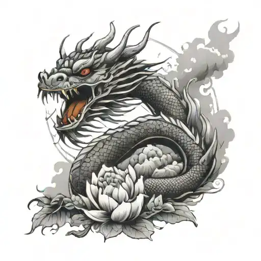 Red Dragon Vertically Arranged In Flowers Next To It Chinese Temple Red Sun And Mountains With Fog