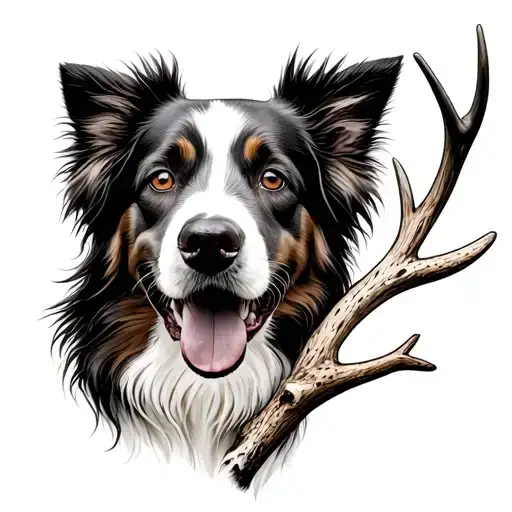 Miniature Australian Shepard Carrying A Whitetail Deer Antler Shed In Its Mouth