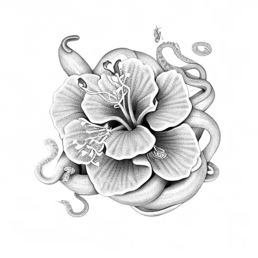 A Snake Coiled Around A Blooming Hibiscus Flower