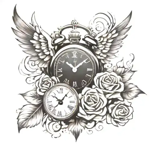 Clock And Wings And Roses And A Banner Wrapped