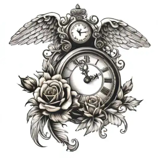 Antique Clock And Wings And Roses