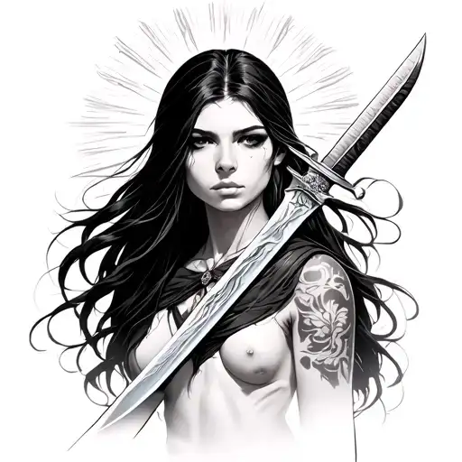 Woman With Sword With Sun Above Her Head Cyberpunk