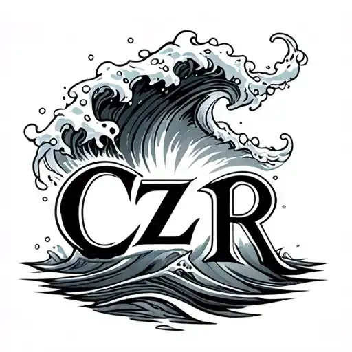 A Black And White Tattoo With The Initials Czr In A Wave Font And Water Around It