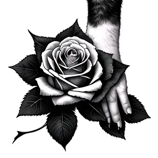 A Black-grey Tattoo Of A Realistic Rose With A Cat's Paw Reaching Out To Touch It